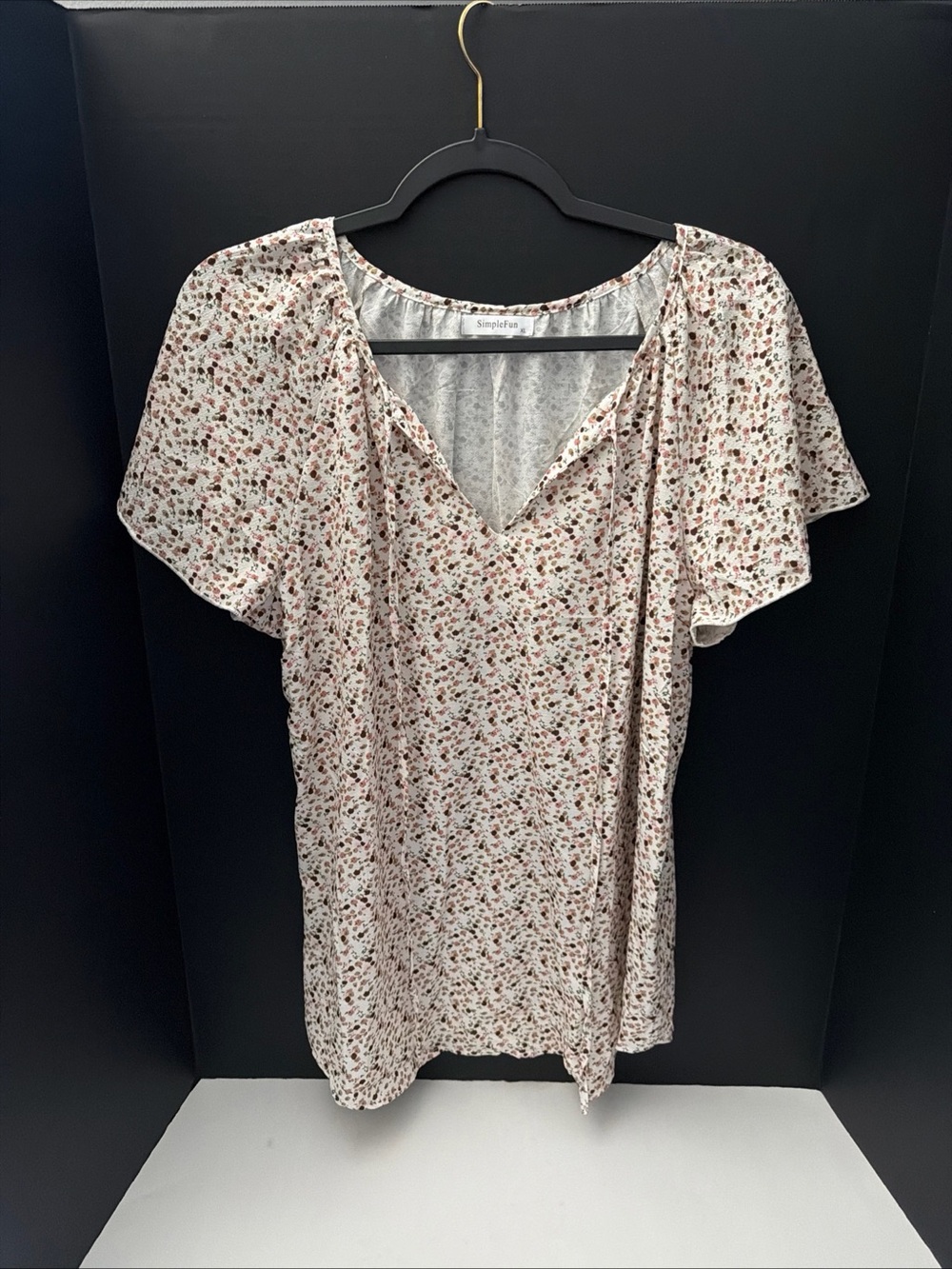 Simple Fun Ivory V-Neck Flutter Sleeve Top with Tiny Floral Print
